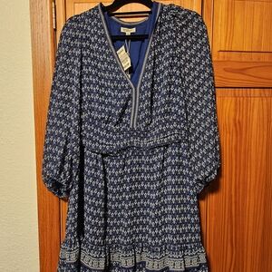 Max Studio Navy and White Long Sleeve Dress